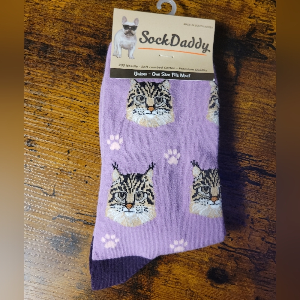 Sock daddy tabby cat socks one size, unisex-purple/tan